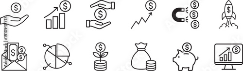 Financial profit icon set with growth chart, revenue, ROI and income symbols vector EPS