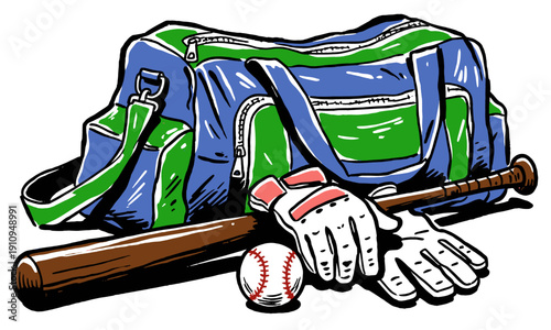 Baseball gear illustration set. Wooden bat, stitched ball, and blue duffel bag. Ready for practice or tournament. Pop art graphic style.