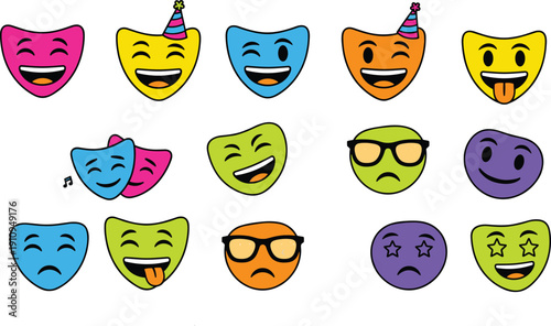 Cartoon theatrical masks with expressive emotions, party hats, and colorful designs representing drama, mood, and character in vector illustration.