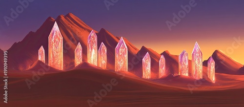 Glowing Crystal Spires in Desert Landscape, Sunset Hues, Fantasy Art