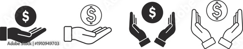 Four hands holding dollar coins in different illustration styles
