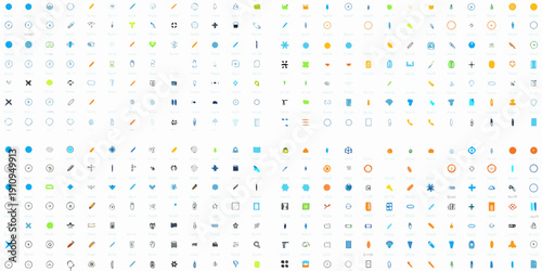 Abstract arrangement of colorful symbols and characters on a white background