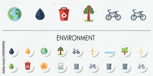 Environmental icons depicting earth recycling nature and sustainable transport