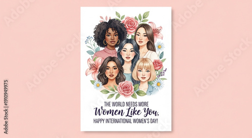 International Women’s Day Diverse Women Portrait with Flowers, Multicultural Female Empowerment Illustration, Feminism Celebration Card Design