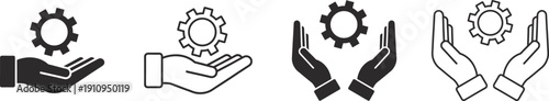Hands holding gear icons in various line art styles