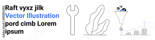 Workflow automation, business strategy, IT services, data filtering, process optimization, design concepts. Set of icons including wrench, funnel with data symbols abstract shapes. Workflow