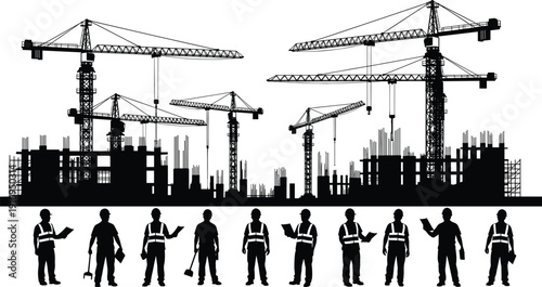 Construction Site Silhouette with Tower Cranes Buildings and Engineering Workers Vector Illustration Collection