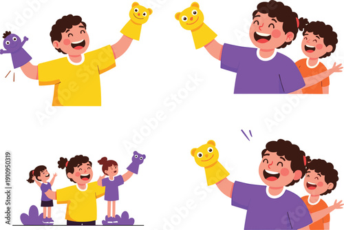 Cheerful Children Playing with Hand Puppets Vector Illustration Featuring Happy Kids Boys and Girls Engaging in Creative Storytelling and Puppet Theater