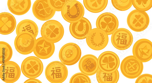 Chinese Gold Coins with Symbols and Characters.