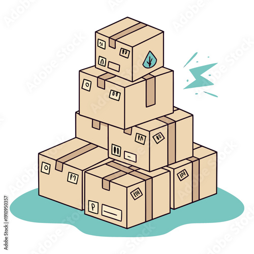 Stacked cardboard boxes with handling symbols and fragile damage indicator, logistics challenges.
