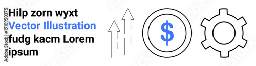 Dollar sign inside circle, upward arrows indicating progress, gear symbolizing strategy. Ideal for finance, innovation, progress, teamwork, economic concepts, business operations simple landing page