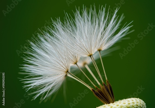 Extreme close-up of delicate white dandelion seed pappus against a soft green background, symbolizing fragility and hope ,pappus ,beautiful ,light
