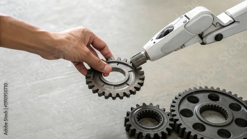 Wallpaper Mural A human hand and a robotic arm collaboratively hold and connect mechanical gears on a concrete surface, symbolizing human-robot cooperation and technology integration. Torontodigital.ca