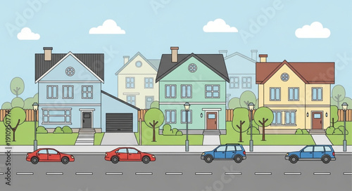 Colorful Houses on Quiet Street.