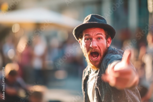 Frustrated man complaining to street artist outdoors