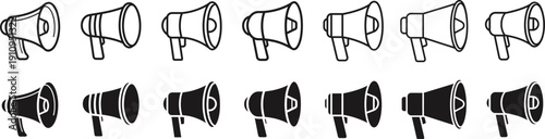 Collection of megaphone icons in various line art and solid black styles