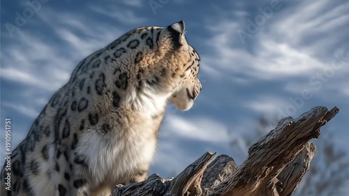 Snow leopard on a tree branch.