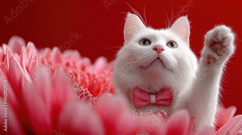 White cat in bow tie among pink flowers against red background