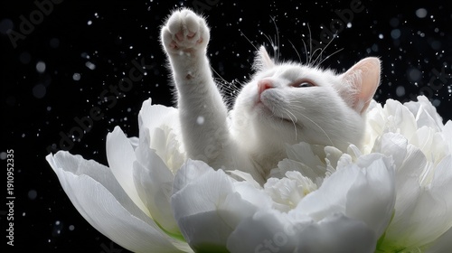 White cat emerging from flower with outstretched paw against black background