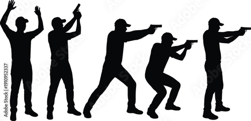 Set of Tactical Security Guard and Police Silhouettes with Handguns and Surrender Poses Isolated on White Background for Crime Illustration