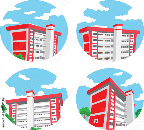 Vivid red-and-white high-rise buildings against a blue sky capture the essence of Singapore's efficient and vibrant public housing. 