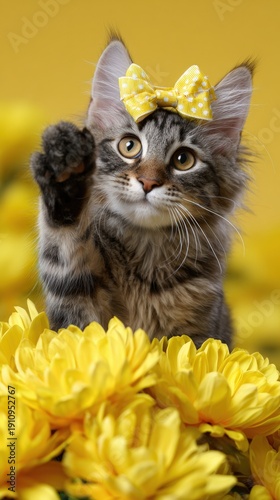 Tabby kitten with yellow bow among vibrant yellow flowers