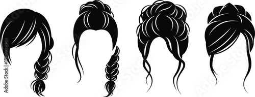 Women Hairstyle Silhouette Set Featuring Braided Ponytail and Elegant Bun Hair Vector Illustration Collection