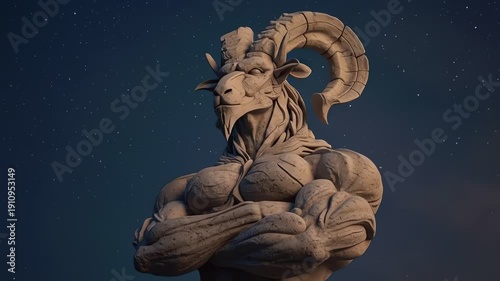 Statue of muscular horned mythical creature.