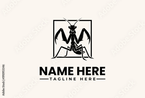 A minimalist illustration of a praying mantis logo within a square frame, accompanied by placeholder text for a name and tagline on a clean background.