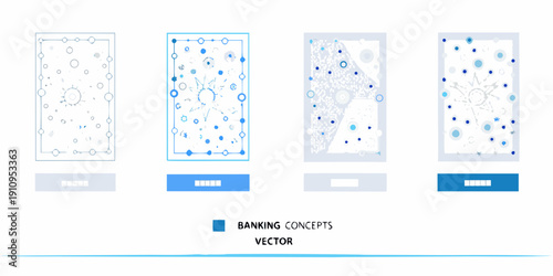 Four smartphone screens displaying abstract network or data visualizations