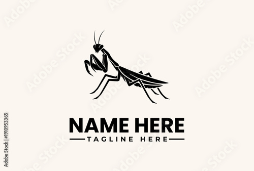 A minimalist illustration of a praying mantis logo with placeholder text on a clean white background.