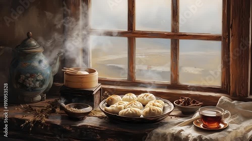 Steaming dumplings by the window sill.
