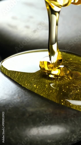 Wallpaper Mural Viscous golden oil pouring on smooth black zen stones representing spa treatment aromatherapy and natural wellness Torontodigital.ca