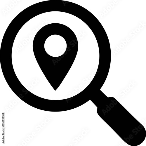 Magnifying glass with location pin icon, property search and finding house location vector.