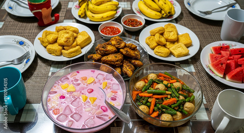 Traditional Indonesian Ramadan Iftar Food Spread on Dining Table.