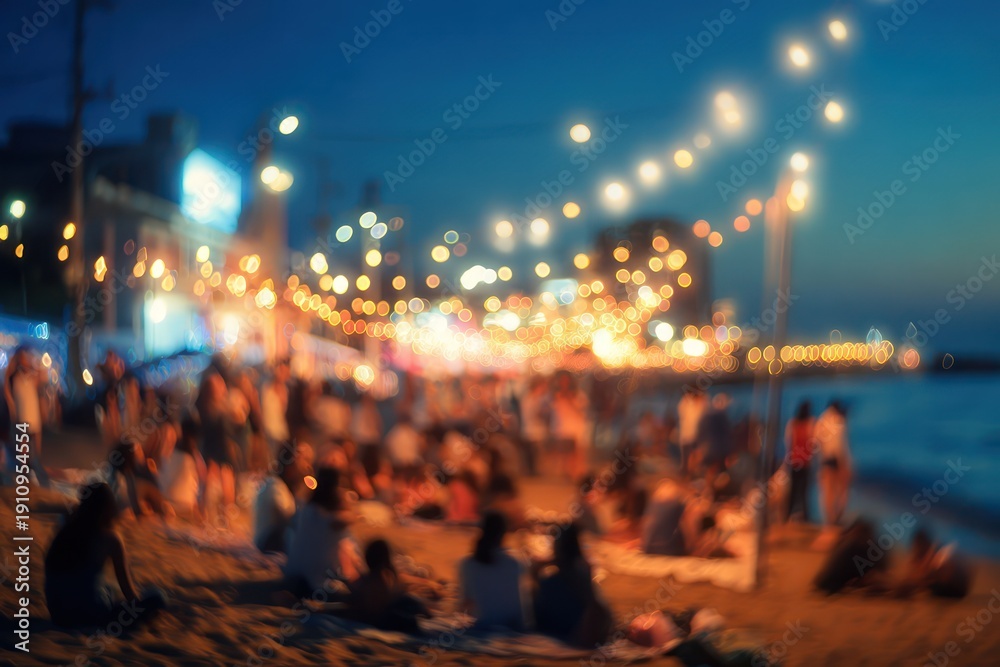 Fototapeta premium Blurred people dancing at night beach party