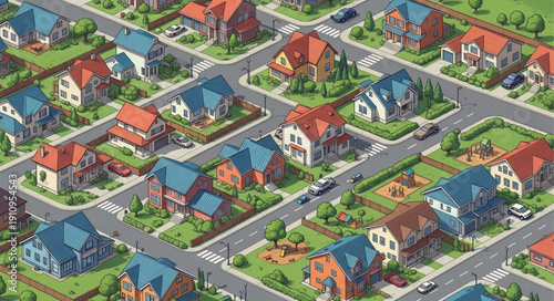 Colorful Suburban Neighborhood Houses Illustration.