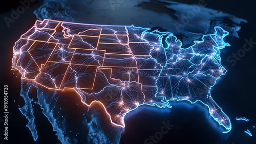 United States Map with Glowing Lines.