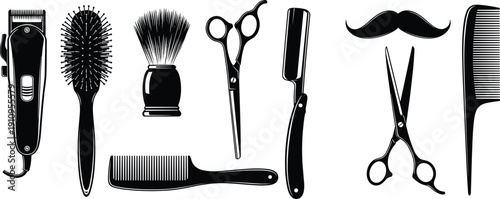 Set of Black Silhouette Vector Illustrations Featuring Barbershop Tools Including Scissors Combs Razors Brushes and Hair Clippers for Salon and Grooming Designs