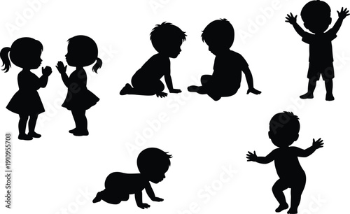 Baby and toddler silhouettes set, crawling, sitting, standing, playing, cute kids poses, black vector illustration isolated on white background