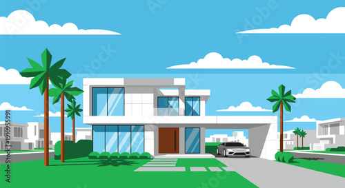 Modern flat vector illustration of luxury two-story house with glass windows, carport, palm trees, and green lawn, showing clean architecture and premium suburban lifestyle