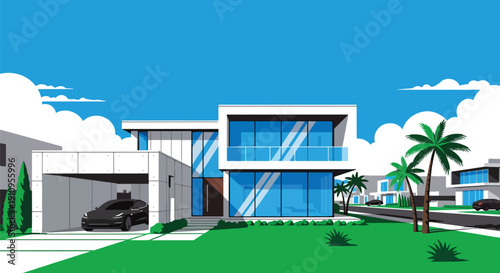 Modern flat vector illustration of luxury two-story house with glass windows, carport, palm trees, and green lawn, showing clean architecture and premium suburban lifestyle
