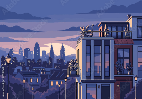 Modern flat vector illustration of urban townhouse with balcony plants, rooftop terrace, and city skyline, showing stylish metropolitan living concept