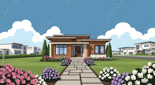 Flat vector illustration of compact single-story modern house with wooden accents, garden path, and morning light, showing minimalist residential architecture