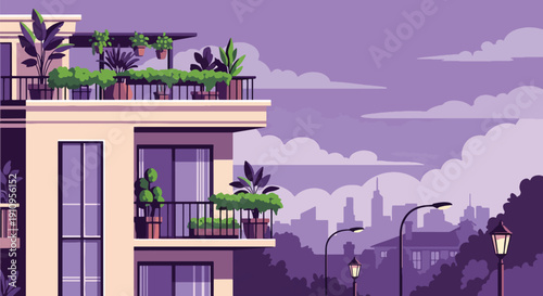 Modern flat vector illustration of urban townhouse with balcony plants, rooftop terrace, and city skyline, showing stylish metropolitan living concept