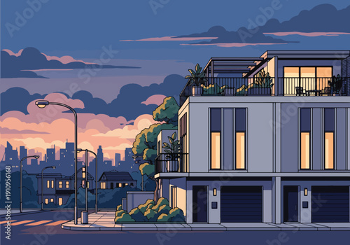Modern flat vector illustration of urban townhouse with balcony plants, rooftop terrace, and city skyline, showing stylish metropolitan living concept
