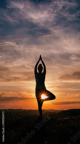 Vertical timelapse of a woman silhouette practicing yoga tree pose on a mountain hill during a vibrant sunset for wellness mindfulness and outdoor fitness motivation video content