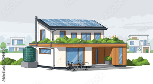 Modern flat vector illustration of eco-friendly home with solar panels and green roof, showing sustainable architecture and environmental lifestyle concept