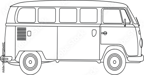 Classic retro minibus vector illustration, vintage camper van line art icon for travel and summer road trip design