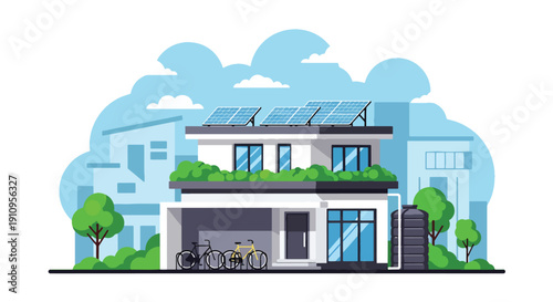 Modern flat vector illustration of eco-friendly home with solar panels and green roof, showing sustainable architecture and environmental lifestyle concept